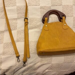 Yellow Leather Handbag with Wooden Handle